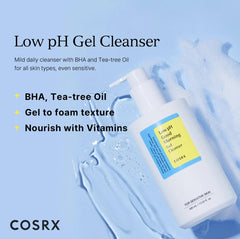 COSRX Low pH Gel Cleanser with BHA & Tea Tree for Sensitive Skin, Anti-Breakouts, PH Balancing - 400ml