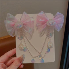 1 Pair Girls/Teens Pink Mermaid Shell Bow Pearl Tassel Princess Cute Dance Performance Headband Hair Clips Hair Accessories