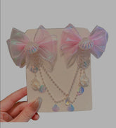 1 Pair Girls/Teens Pink Mermaid Shell Bow Pearl Tassel Princess Cute Dance Performance Headband Hair Clips Hair Accessories