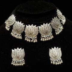 Oxidized Silver and Lotus Choker Necklace
