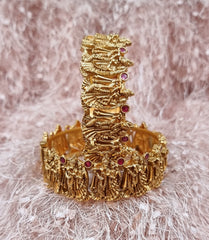 Micron Gold Plated Openable Kada Bangle With Wedding Motif Carvings, Encrusted With Synthetic Stones.