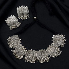 Oxidized Silver and Lotus Choker Necklace