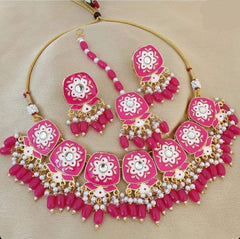 Traditional Bollywood Pink Handcrafted Meenakari Enamel Necklace with Earrings Set