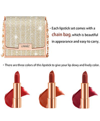 Gireatick Matte Lipstick Makeup Set for Woman, 3pcs Long Lasting Velvet Lipstick in One Glamour Chain Bag, Non-Stick Cup Red Lipstick, Not Fade Waterproof, Color Sensational Lipstick set, Lip Kit Gift Set