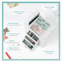 Homde Jewelry Organizer for Girls Women Jewelry Box Necklaces Rings Earrings Display Stand Jewelry Storage Holder Case for Bracelets Watches Sunglasses (White + Light Green)