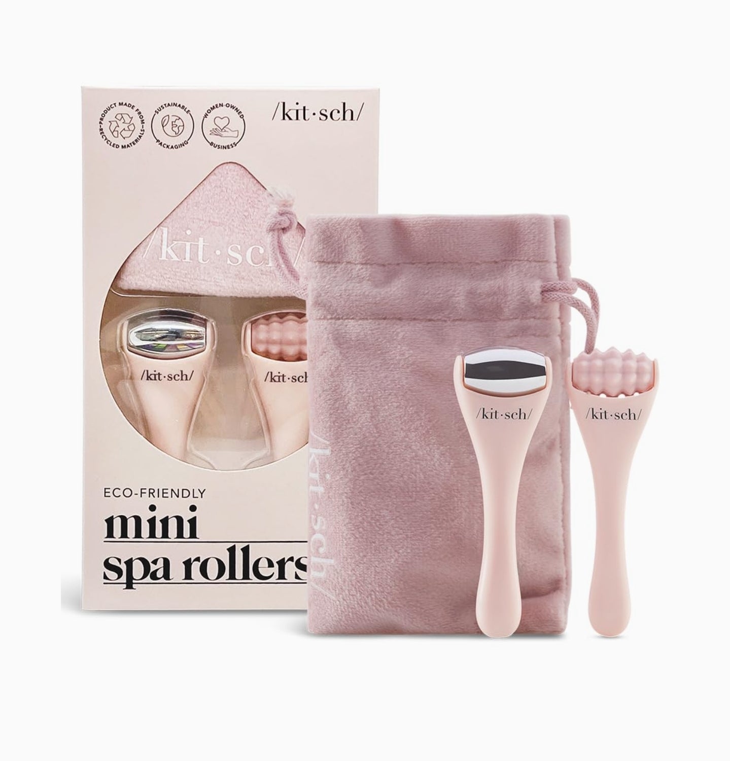 Kitsch Mini Ice Roller & Mini Face Roller Set with Pouch - Ice Roller for Face & Eye Puffiness Relief | Facial Roller & Face Massager Roller | Holiday Gift | Face Eye Roller for Puffy Eyes, Blush
