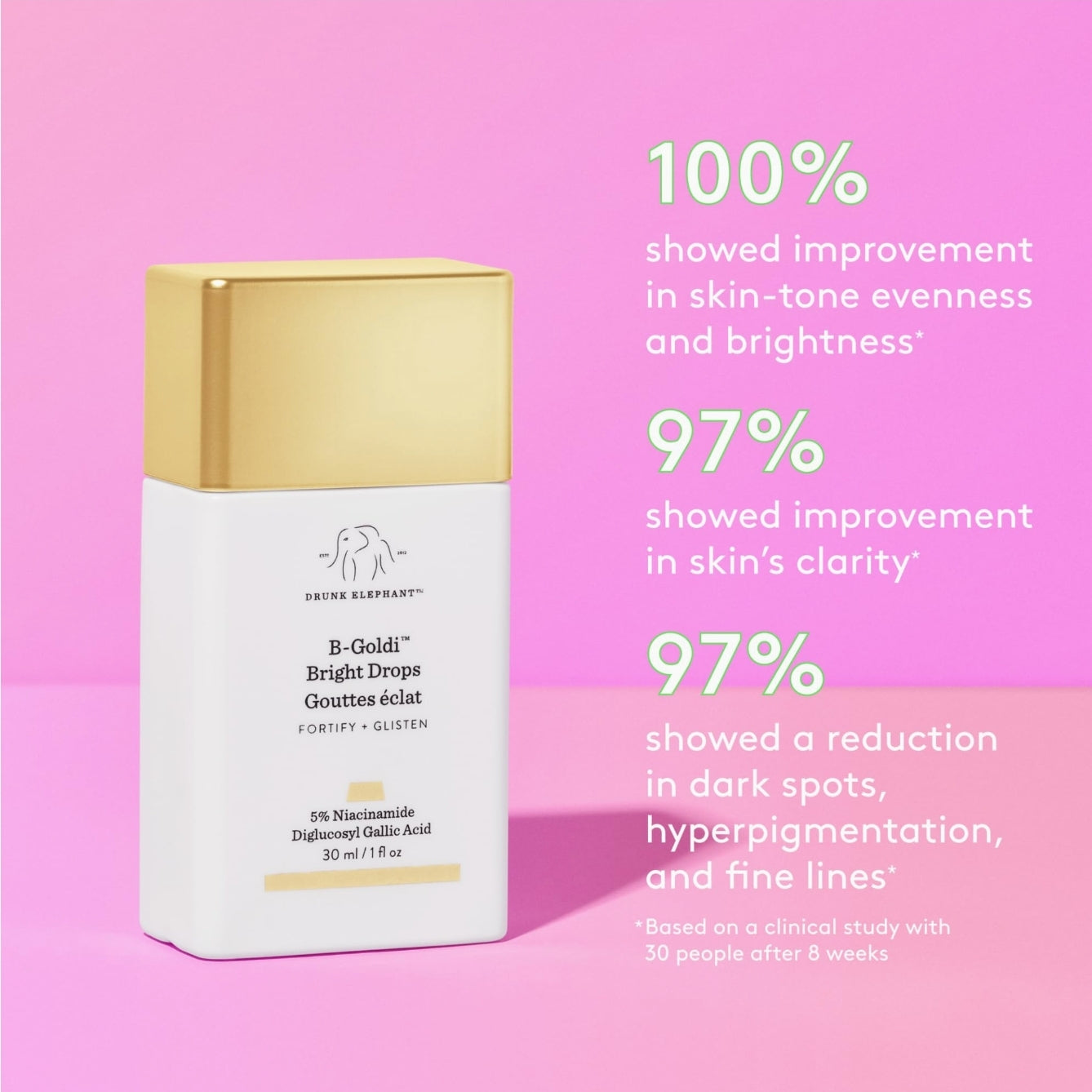 Drunk Elephant B-Goldi Bright Drops - 1 fl oz Illuminates Skin & Fades Hyperpigmentation with 5% Niacinamide Diglucosyl Gallic Acid Free of Essential Oils, Silicones Fragrances Cruelty