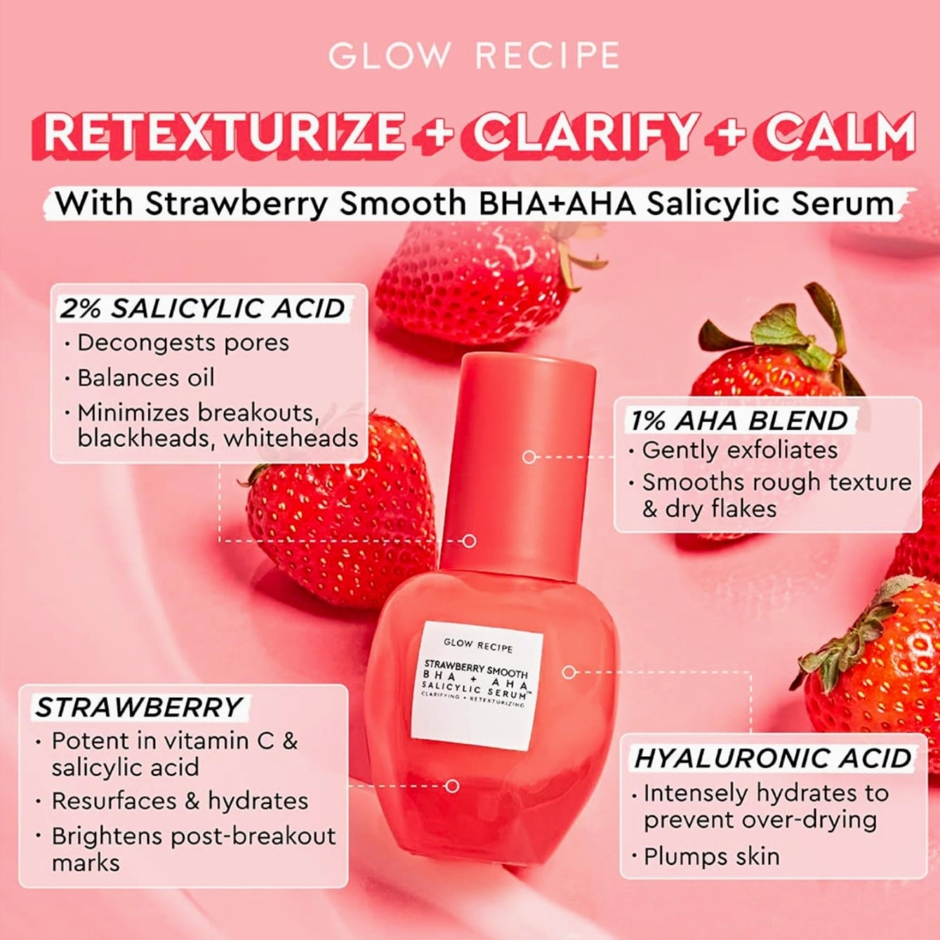 Glow Recipe Strawberry Smooth BHA + AHA Salicylic Acid Serum - Gentle Exfoliating Serum & Pore Minimizer Made with Mandelic, Azelaic Acid + Hyaluronic Acid - Clarifying & Calming Vegan Skincare (30ml)