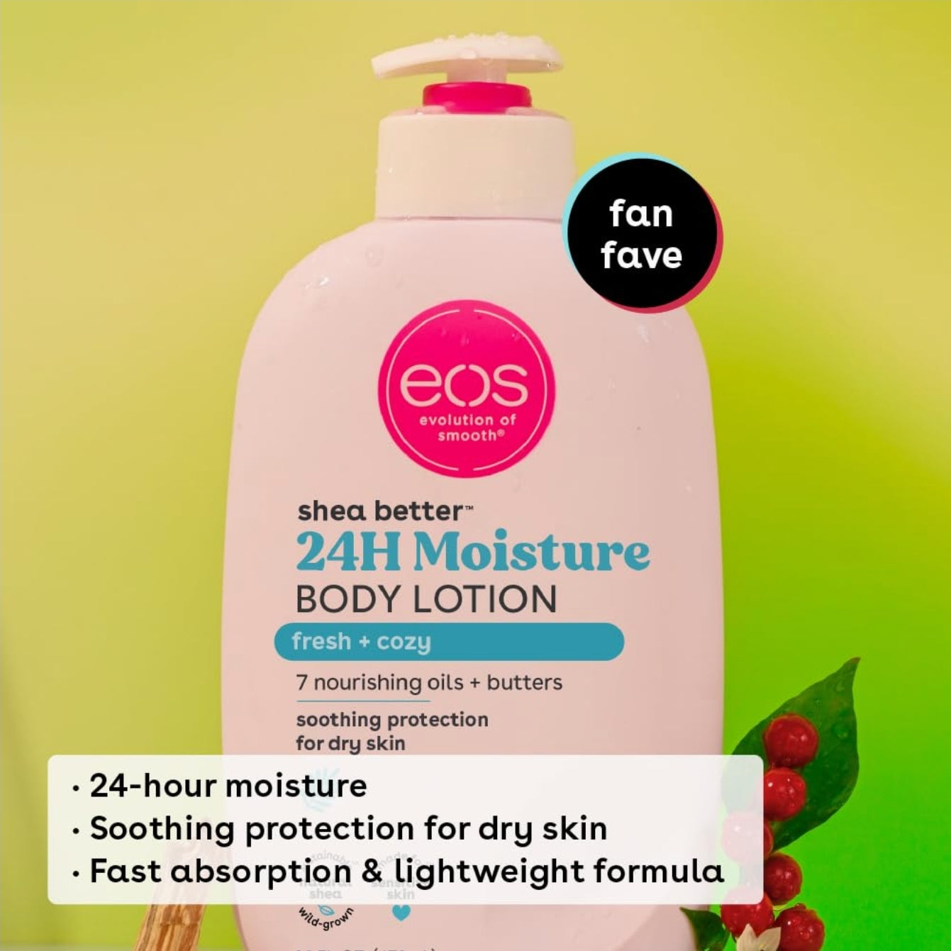 eos Shea Better Body Lotion- Fresh & Cozy, 24-Hour Moisture Skin Care, Lightweight & Non-Greasy, Made with Natural Shea, Vegan, 16 Fl Oz