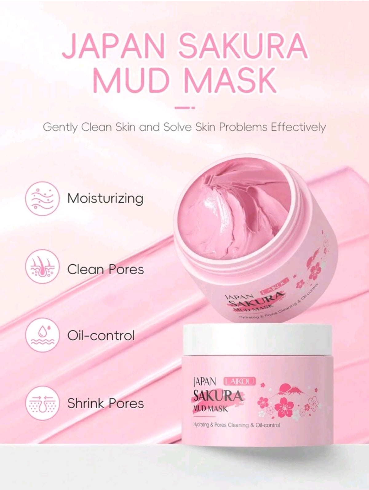 AKARY Sakura Clay Facial Mud Mask Deep Cleanse, Natural Skin Care Mask for Pore Cleansing, Oil Control, Reduce Acne, Skin Moisturizing, Smoothes Fine Lines, Pore Minimizer