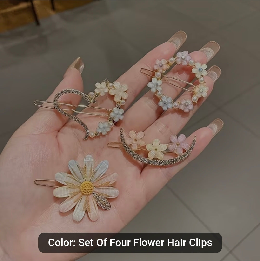 Set of 4/One Set Rhinestone Flower Hair Clips, Elegant and Ethereal Bangs Hairpins for Women, Influencer Style 2026 New High-End Side Hair Clips, Random Color Petal Hair Accessories