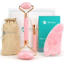 Load image into Gallery viewer, Pink Jade Roller and Gua Sha Set. Rose Quartz Roller with Eye Massager, Jade Gua Sha, Ridged Roller Massager. Jade Roller For Face Real Jade 100% Jade Stone Roller. Warm Facial Massager or Ice Roller
