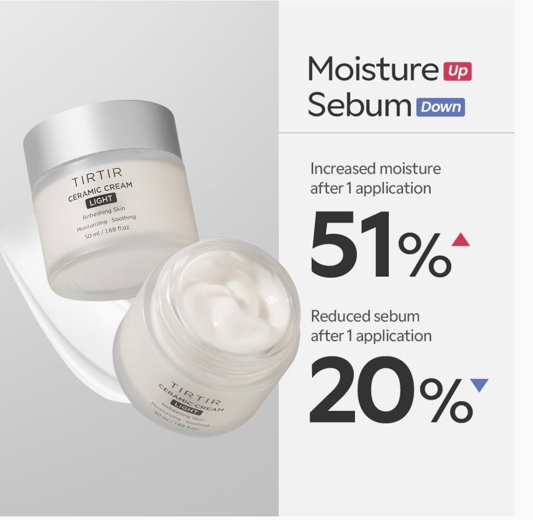 TIRTIR Ceramic Cream Light | Deep moisturizer for Glass Skin, Polyglutamic acid, Centella Asiatica Extract, Skin barrier, Lightweight, Mild, Nature derived ingredients, Dry skin, Korean skincare