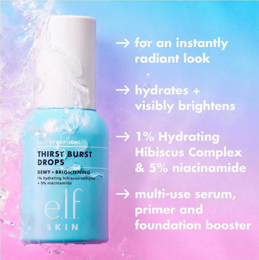 E.l.f. SKIN Holy Hydration! Thirst Burst Drops, Serum For A Radiant Complexion Instantly & Over Time, Made With Hyaluronic Acid, Vegan & Cruelty-Free E.l.f. SKIN Holy Hydration! Thirst Burst Drops, Serum For A Radiant Complexion Instantly & Over Time, Made With Hyaluronic Acid, Vegan & Cruelty-Free