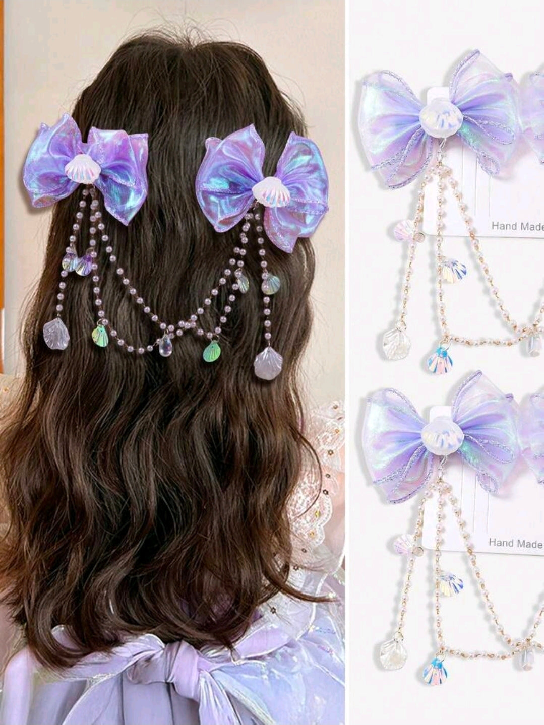 1 Pair Girls/Teens Pink Mermaid Shell Bow Pearl Tassel Princess Cute Dance Performance Headband Hair Clips Hair Accessories