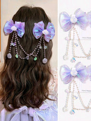 1 Pair Girls/Teens Pink Mermaid Shell Bow Pearl Tassel Princess Cute Dance Performance Headband Hair Clips Hair Accessories