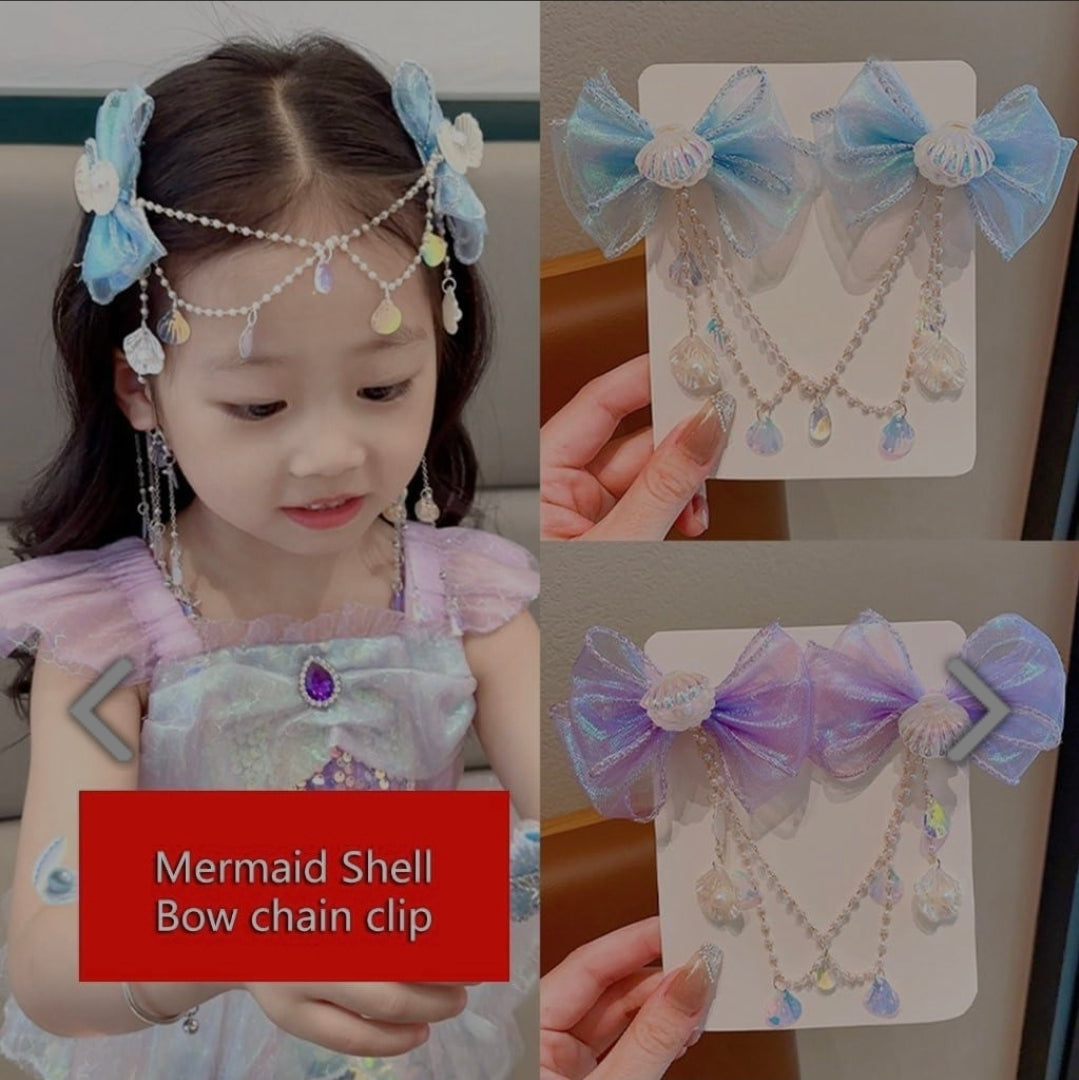 1 Pair Girls/Teens Pink Mermaid Shell Bow Pearl Tassel Princess Cute Dance Performance Headband Hair Clips Hair Accessories