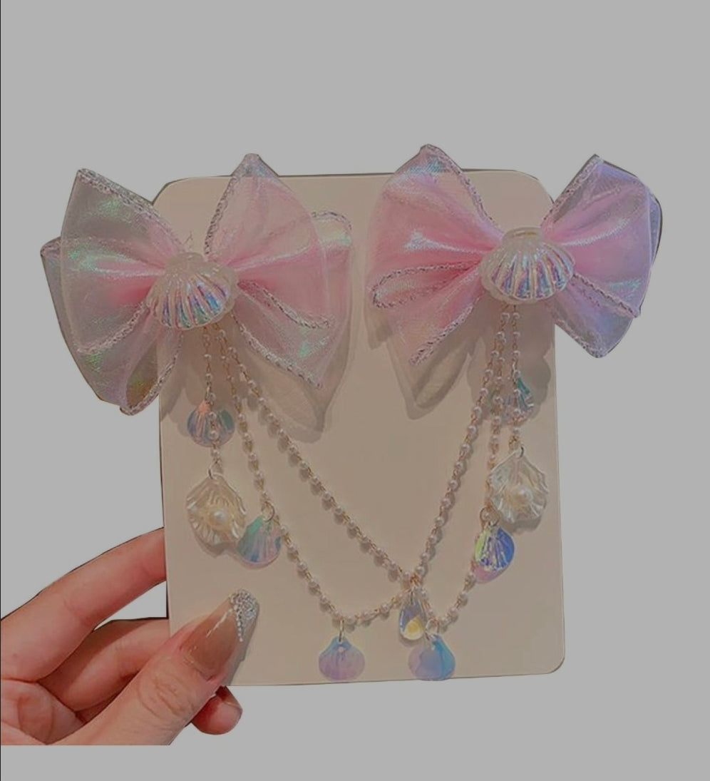 1 Pair Girls/Teens Pink Mermaid Shell Bow Pearl Tassel Princess Cute Dance Performance Headband Hair Clips Hair Accessories