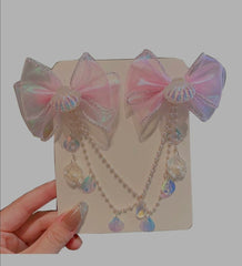 1 Pair Girls/Teens Pink Mermaid Shell Bow Pearl Tassel Princess Cute Dance Performance Headband Hair Clips Hair Accessories