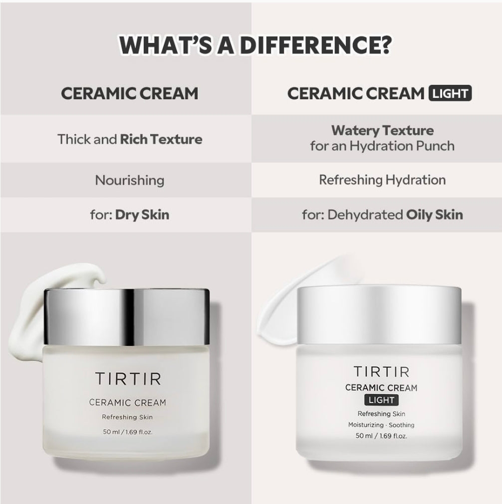 TIRTIR Ceramic Cream Light | Deep moisturizer for Glass Skin, Polyglutamic acid, Centella Asiatica Extract, Skin barrier, Lightweight, Mild, Nature derived ingredients, Dry skin, Korean skincare