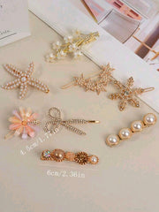 25Pcs Elegant Faux Pearl & Rhinestone Hair Clips Set For Women, French Style Gold Bow Heart Star Barrettes, Chic Fashion Hair Accessories