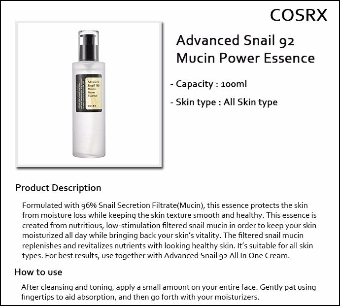 Advanced Snail 96 Mucin Power Essence , 3.38 fl oz (100 ml) Advanced Snail 96 Mucin Power Essence , 3.38 fl oz (100 ml)