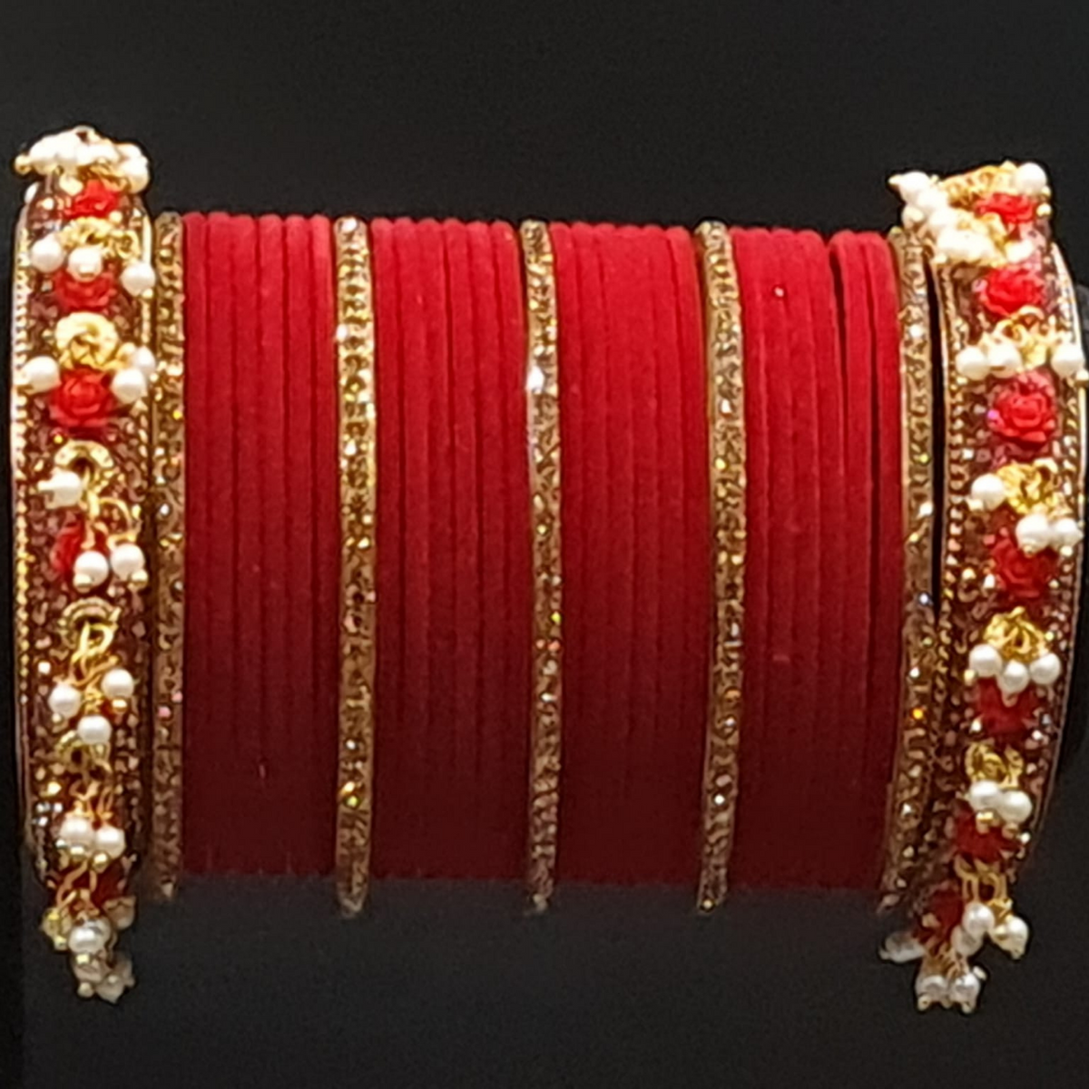 Traditional red velvet bangle set with gold rhine stone and pearl kadas