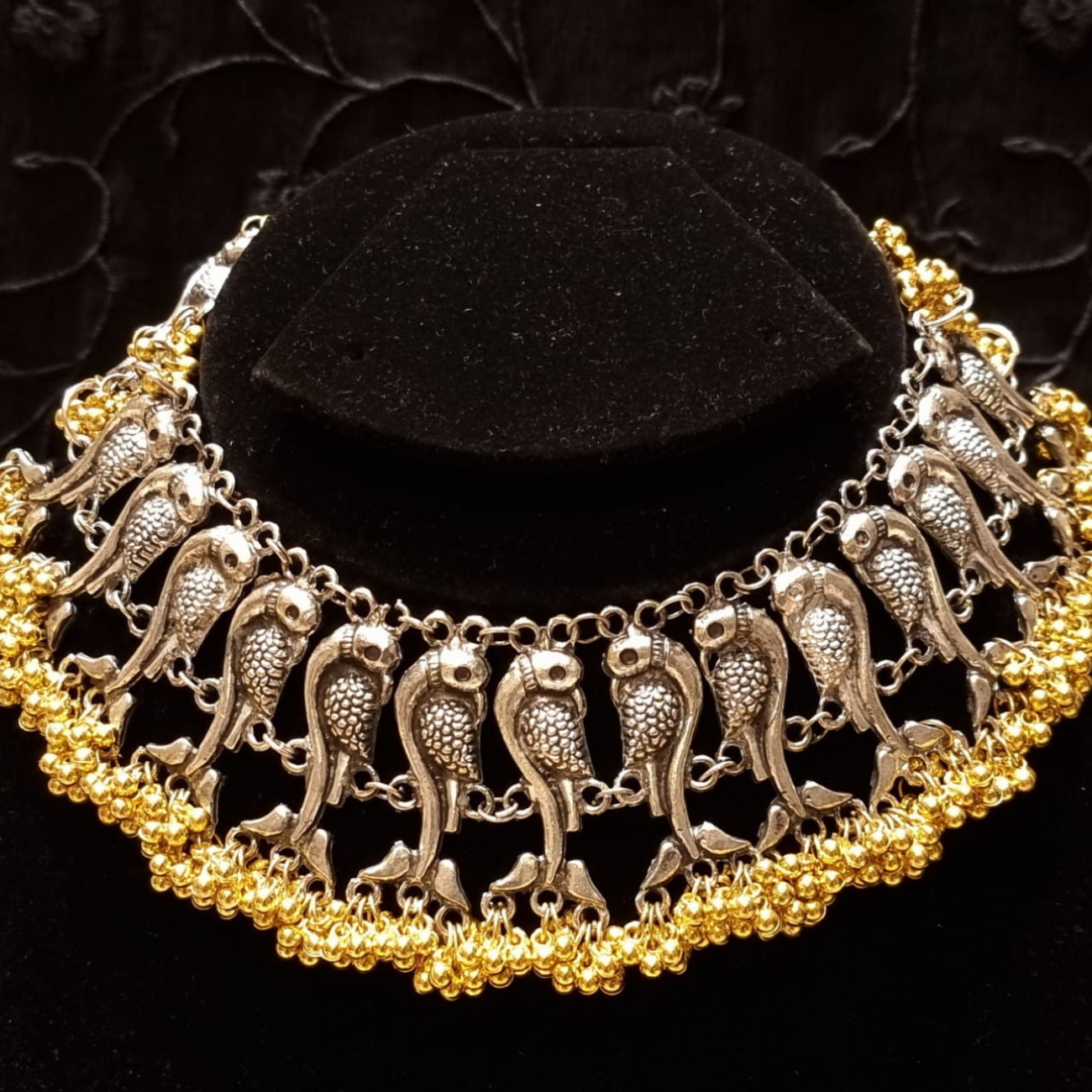 Trendia Peacock Design Choker Necklace with Golden Ghungroo Jhumkas
