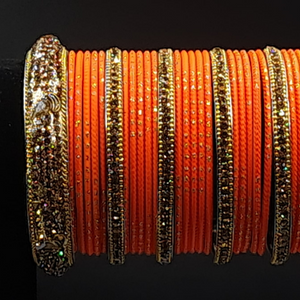Touchstone indian bollywood orange and golden sparkling rhine stone vintage textured designer bangles set