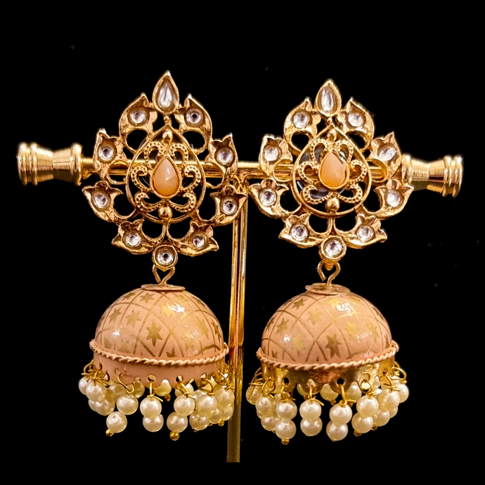 Hand crafted meenakari kundan jhumkas.