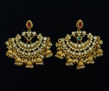 Load image into Gallery viewer, Gold plated chandbali with kundan and jhumkis.