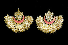 Load image into Gallery viewer, Hand painted kundan meenakari pearl chandbali earrings.