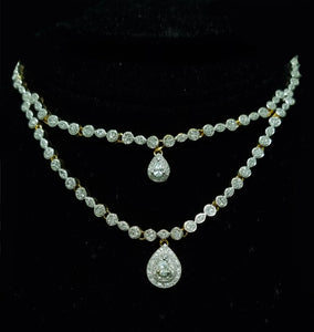 Silver 925 Gold-Plated Alluring Duo Layered Diamond- Like Stones Studded Necklace With A Tear Shaped Diamond-LIKE Necklace Earrings Set.