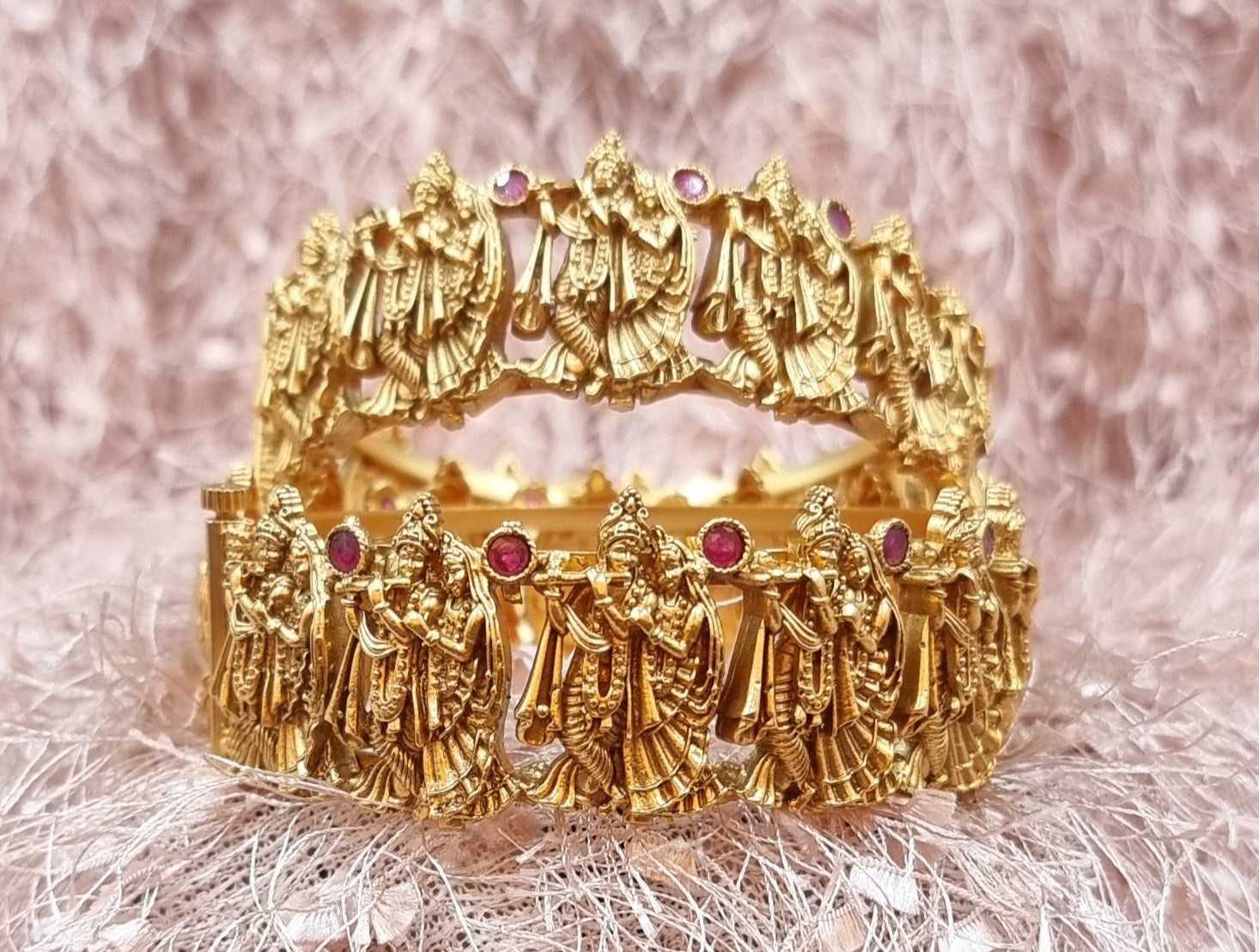 Micron Gold Plated Openable Kada Bangle With Wedding Motif Carvings, Encrusted With Synthetic Stones. Micron Gold Plated Openable Kada Bangle With Wedding Motif Carvings, Encrusted With Synthetic Stones.