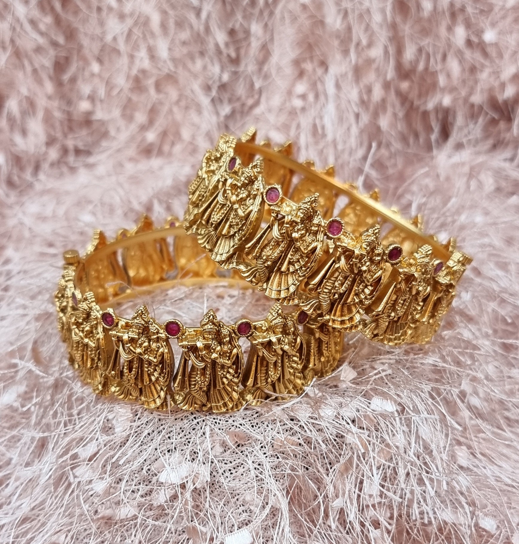 Micron Gold Plated Openable Kada Bangle With Wedding Motif Carvings, Encrusted With Synthetic Stones. Micron Gold Plated Openable Kada Bangle With Wedding Motif Carvings, Encrusted With Synthetic Stones.