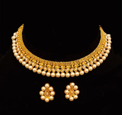 White Pearl Gold Plated  Necklace with Earrings