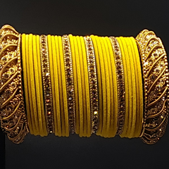 Designer yellow velvet bangles ethnic with gold stone work kadas