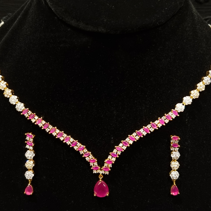 Stylbl Delicate Ruby Rain drop Zirconia Necklace Earring Jewelry Set.