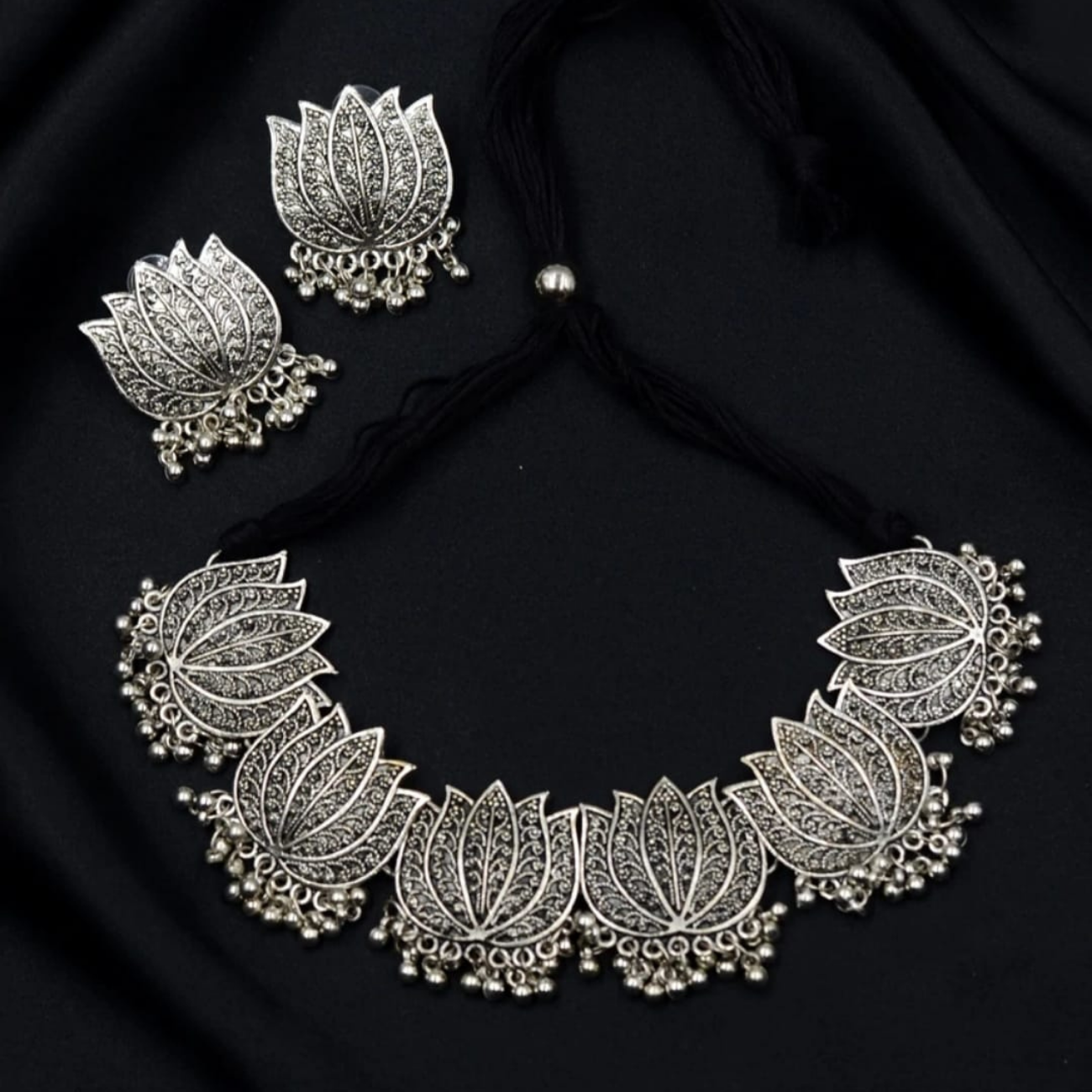 Oxidized Silver and Lotus Choker Necklace Oxidized Silver and Lotus Choker Necklace