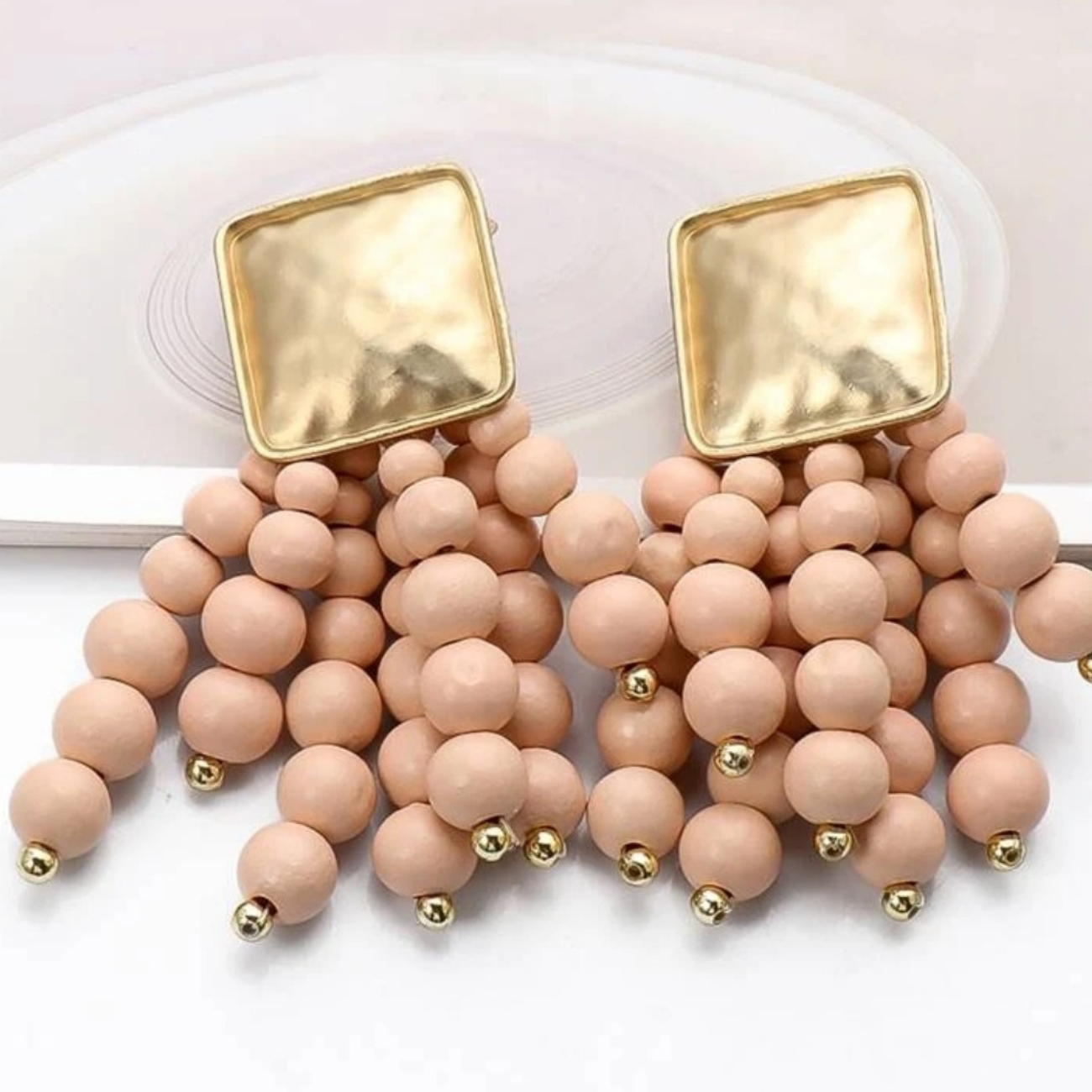 Stunning Satin Gold Tone, Wooden Bead Drop Earrings Stunning Satin Gold Tone, Wooden Bead Drop Earrings