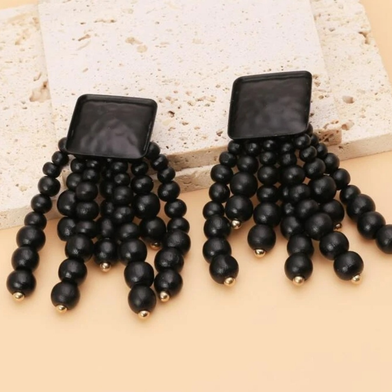 Stunning Satin Gold Tone, Wooden Bead Drop Earrings Stunning Satin Gold Tone, Wooden Bead Drop Earrings