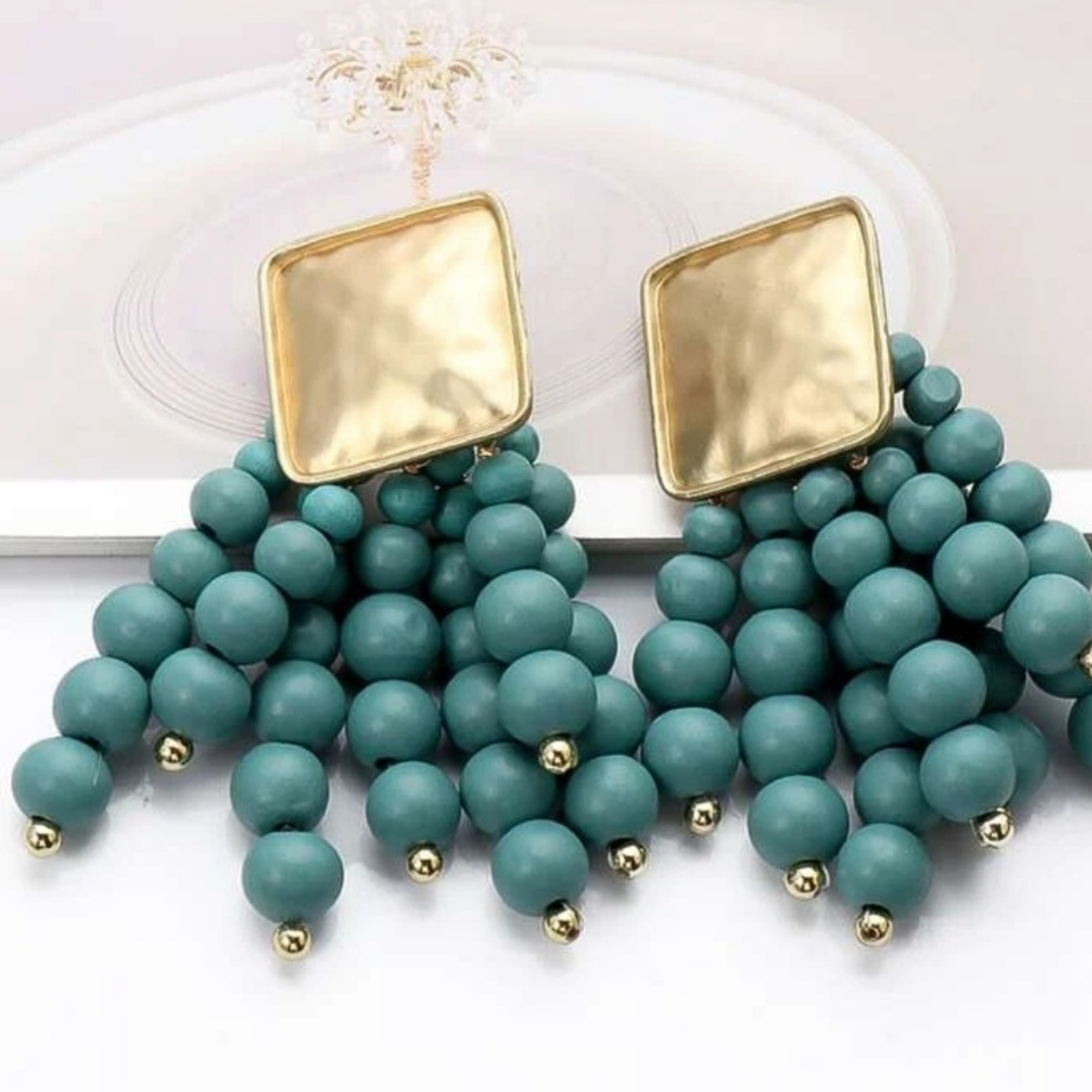 Stunning Satin Gold Tone, Wooden Bead Drop Earrings Stunning Satin Gold Tone, Wooden Bead Drop Earrings