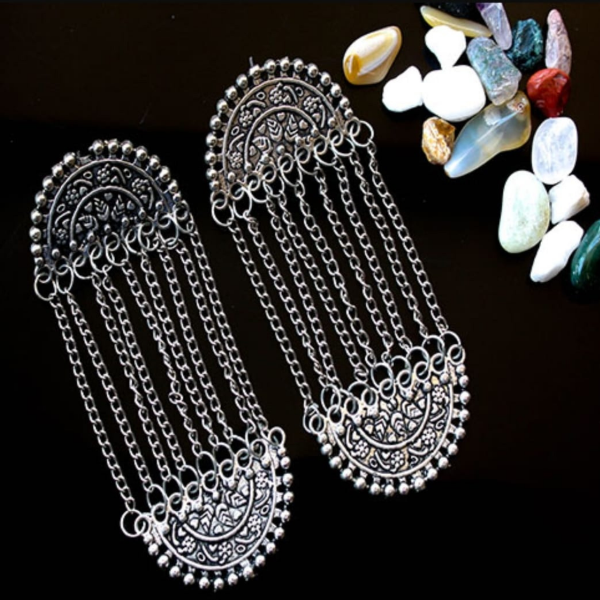 Designer Fancy German Silver Oxidized Tasselled Earrings