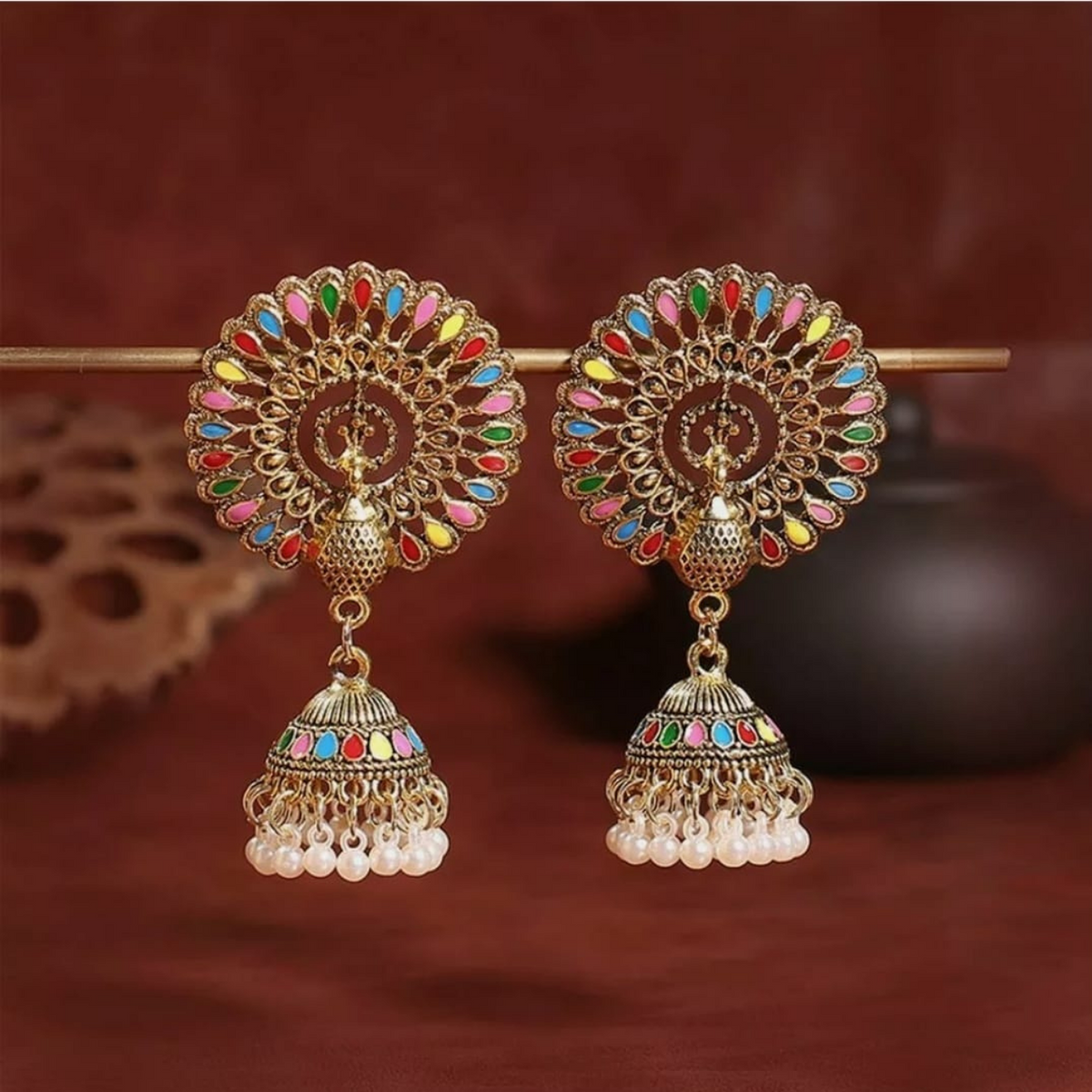 Studs Ethnic Style Hollow Out Hoop Bells Dangle Drop Peacock Tassel Earring and ring