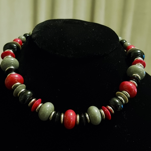 Vintage style red, black and silver wooden chunky beads necklace.