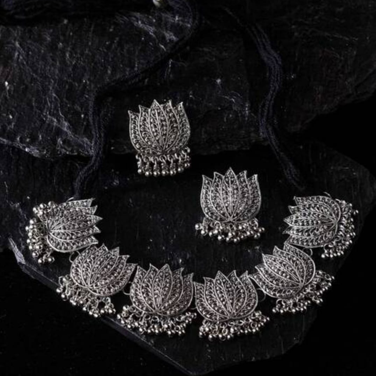 Oxidized Silver and Lotus Choker Necklace Oxidized Silver and Lotus Choker Necklace