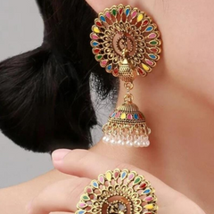 Studs Ethnic Style Hollow Out Hoop Bells Dangle Drop Peacock Tassel Earring and ring