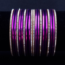 Load image into Gallery viewer, Purple with silvertone metal bangles.