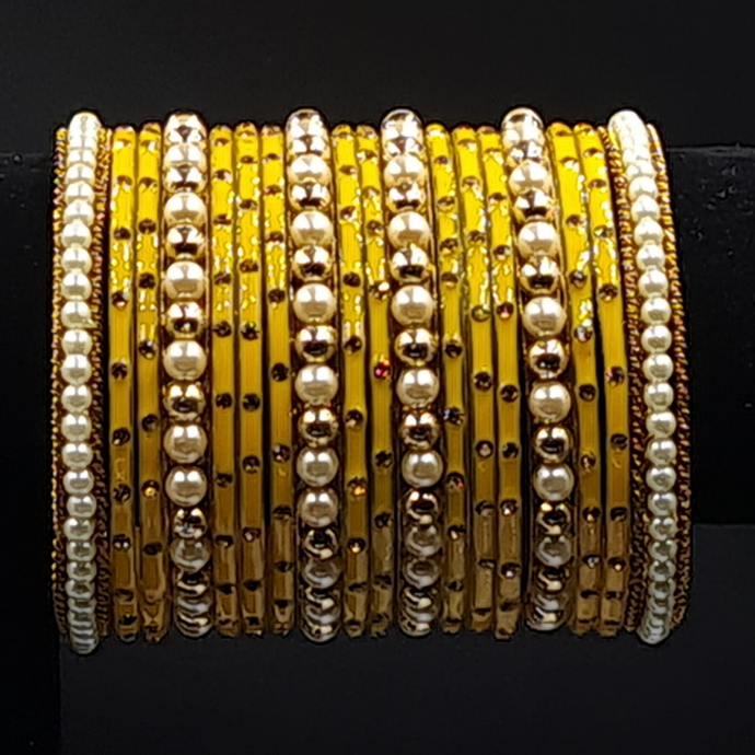 ( 2.8 )Golden dot yellow glass bangles with pearl and golden beads kangan