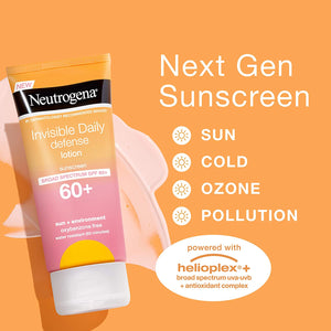 Neutrogena Invisible Daily Defense Sunscreen Lotion, Broad Spectrum SPF 60+, Oxybenzone-Free & Water-Resistant, Sun or Environmental Aggressor Protection, Antioxidant Complex, 3 Fl Oz